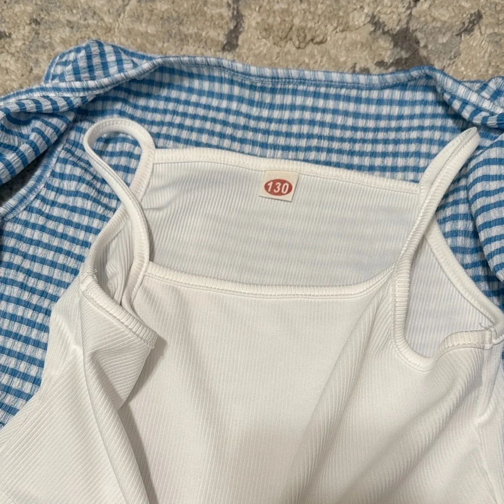 Blue Gingham Sleeveless Top and Pants Set